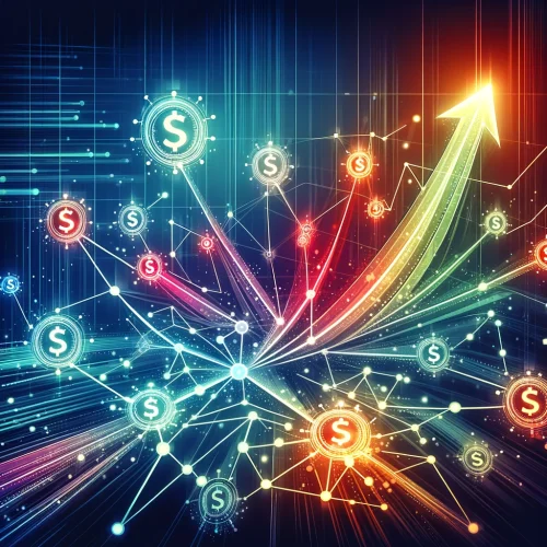 Reprezentare abstractă a marketingului afiliat cu noduri interconectate și simboluri de prosperitate, ilustrând potențialul veniturilor pasive sau cum să faci bani online
